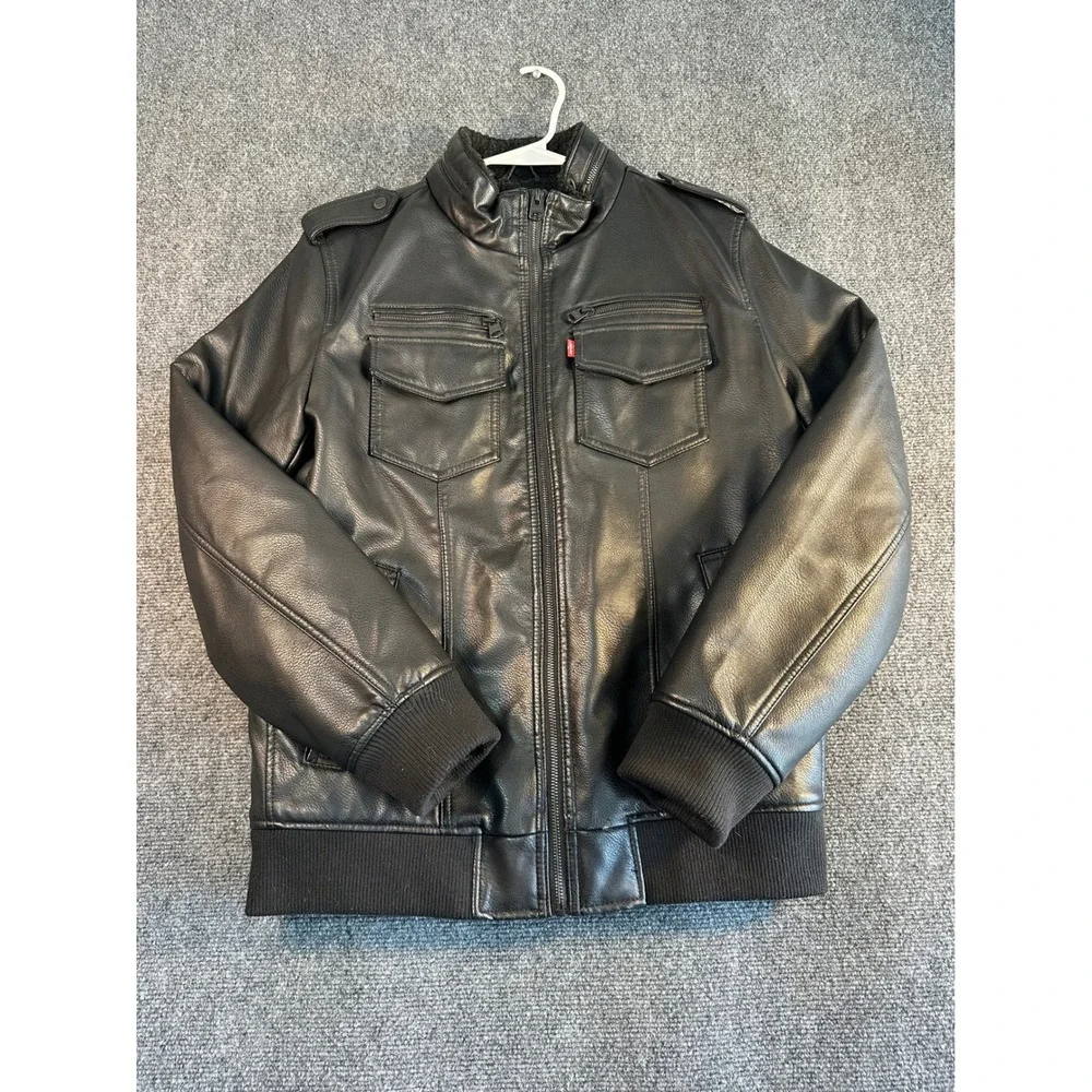 Levis Mens Black Faux Leather Sherpa Lined Bomber Jacket Medium Utility Moto